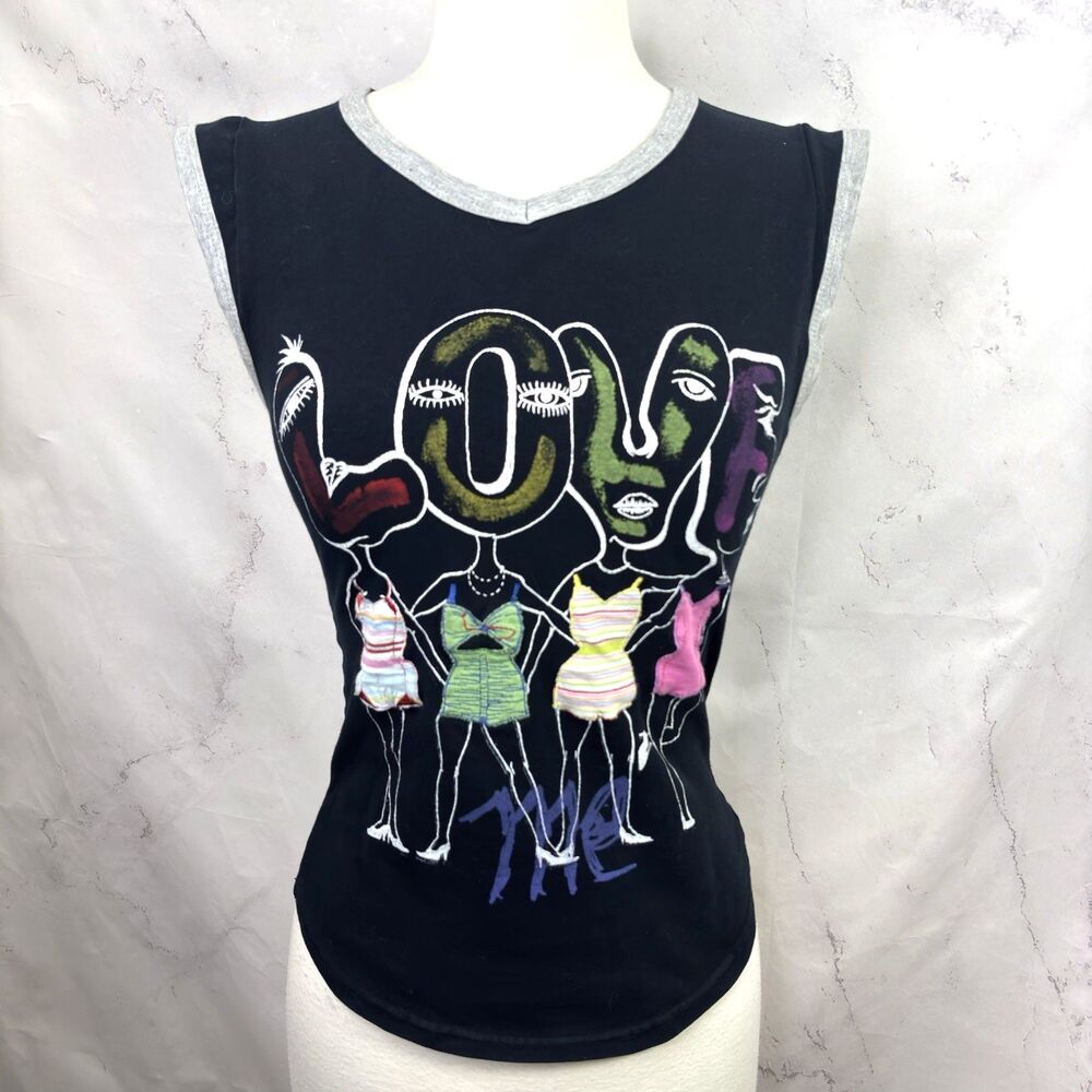Vtg Y2k 90s Wearable Pop Art Tank Top LOVE Cap Sleeve 3D Fabric Patchwork S 00s